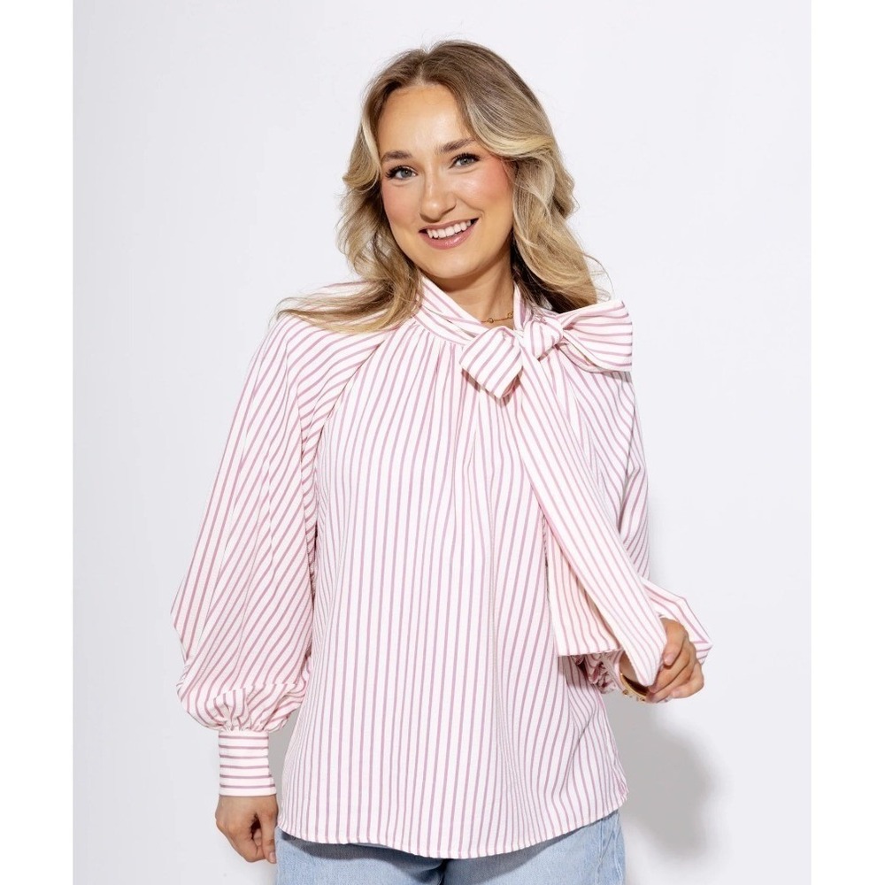 Entro Pink Bow Tie Striped Balloon Sleeve Seersucker Blouse Size M
